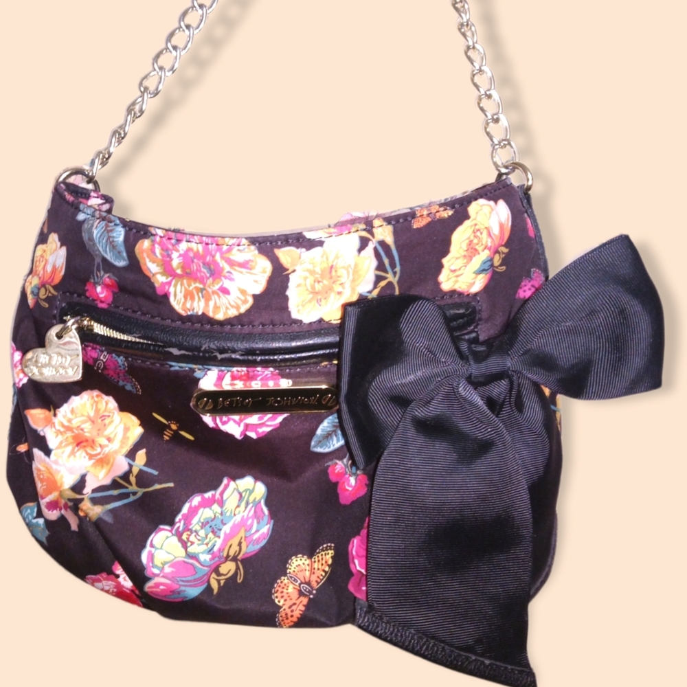 Betsey Johnson Black Satin Bag with Gold Chain Strap